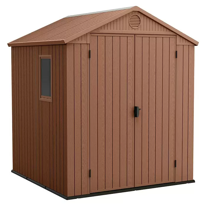 Keter Caseta para jardín Darwin 6x6 - Profundidad exterior incluido el voladizo del techo: 182 cm, Ancho exterior incluido el voladizo del techo: 199 cm, Espesor de pared: 16 mm, Marrón - Vista angular