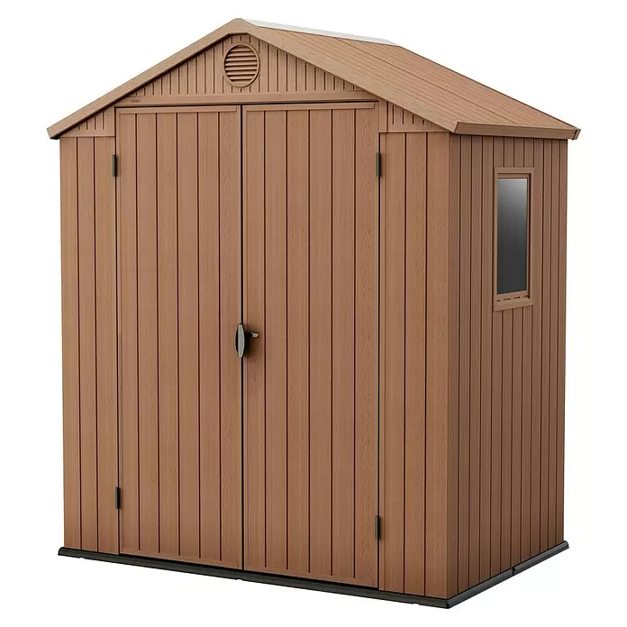 Keter Caseta para jardín Darwin 6x4 - Profundidad exterior incluido el voladizo del techo: 121 cm, Ancho exterior incluido el voladizo del techo: 190 cm, Espesor de pared: 16 mm, Marrón - Vista angular