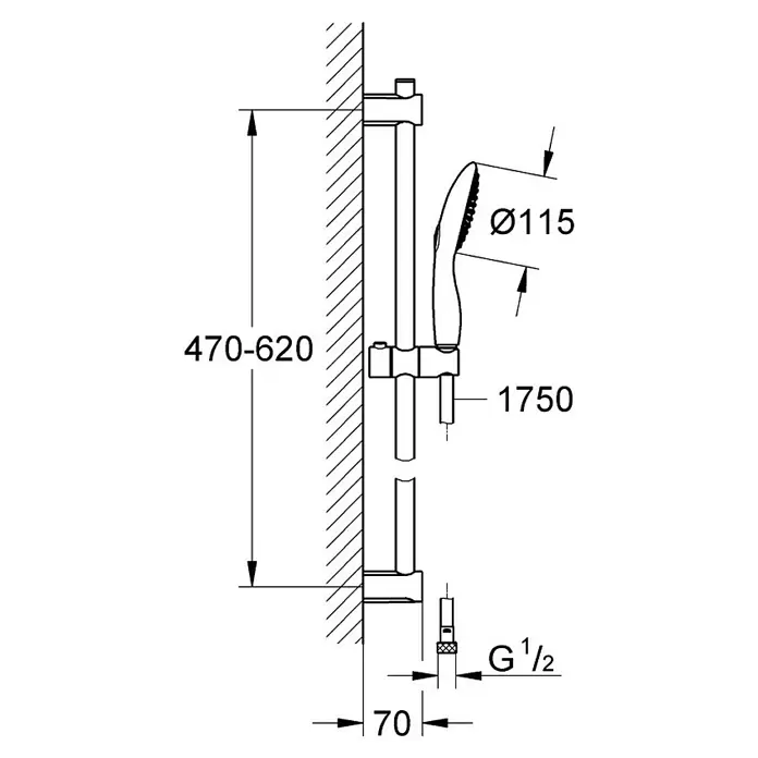 Grohe Conjunto de ducha Vitalio Rain 115 - Distancia entre orificios: 47 cm - 62 cm, Tipos de chorro: Rain, Rain O², Cromo - Dibujo técnico