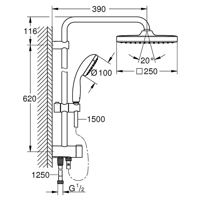 Grohe Vitalio Start Sistema de ducha System 250 Cube - Distancia entre orificios: 62 cm, Número de tipos de chorro: 2 ud., Cromo - Dibujo técnico
