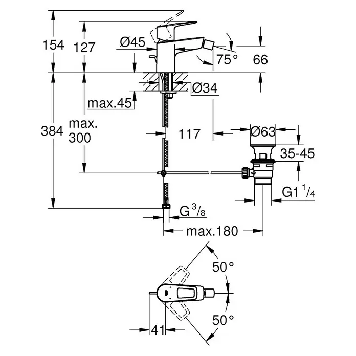 Grohe Start Loop Grifo monomando de bidé con válvula - Cromo, Brillante - Dibujo técnico