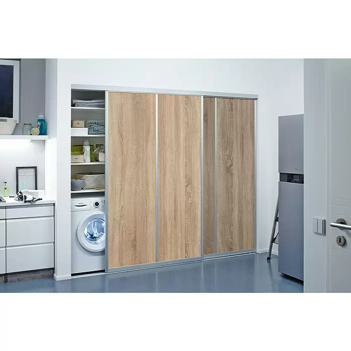 Room Plaza Easy Schiebetür-Bau-Set - Eiche geplankt/Eiche Trüffel, Profilfarbe: Silber - Stimmungsaufnahme