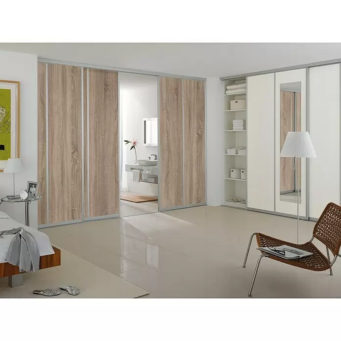Room Plaza Easy Schiebetür-Bau-Set - Eiche geplankt/Eiche Trüffel, Profilfarbe: Silber - Stimmungsaufnahme
