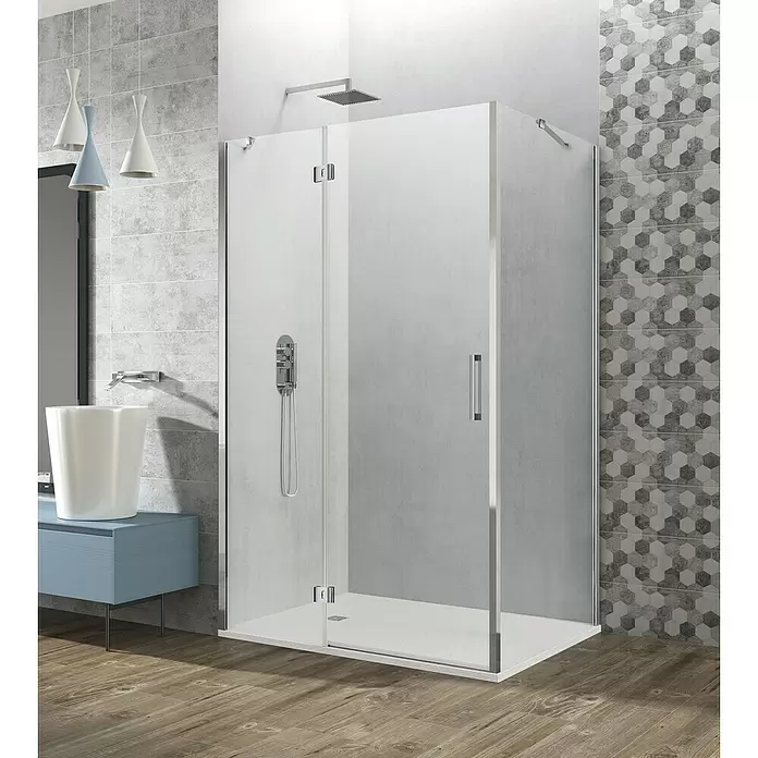 GME Mampara de ducha esquinera Glass Combi C Frontal + Lateral - L x An x Al: 90 x 110 (30/80) x 195 cm, Vidrio transparente, Espesor: 8 mm, Plata Brillo - Foto ambiente
