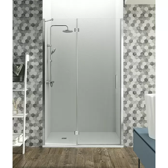 GME Mampara de ducha frontal Glass Plegable C1 - An x Al: 100 (50/50) x 195 cm, Vidrio transparente, Espesor: 6 mm, Plata brillo - Foto ambiente