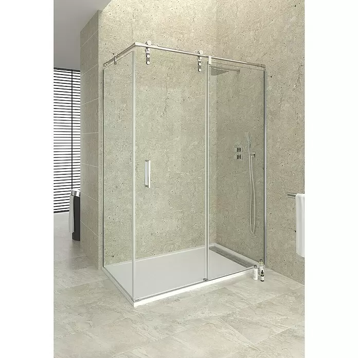 GME Mampara de ducha esquinera Moving Frontal + Lateral - L x An x Al: 70 x 180 x 199 cm, Vidrio transparente, Espesor: 8 mm, Cromo - Foto ambiente