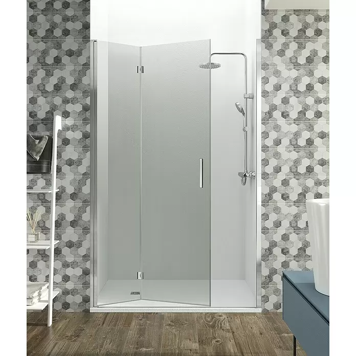 GME Mampara de ducha frontal Glass Plegable C1 - An x Al: 100 (50/50) x 195 cm, Vidrio transparente, Espesor: 6 mm, Plata brillo - Foto ambiente
