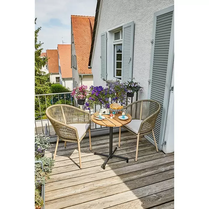 Sunfun Melina Balkontisch rund - Ø x H: 60 x 73 cm, Teak, Schwarz, Klappbar - Stimmungsaufnahme