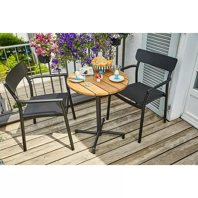 Sunfun Melina Balkontisch rund - Ø x H: 60 x 73 cm, Teak, Schwarz, Klappbar - Stimmungsaufnahme
