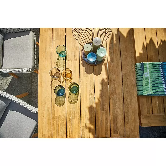 Sunfun Laura Gartentisch - L x B x H: 220 x 100 x 76 cm, Helles Teakholz - Detailaufnahme