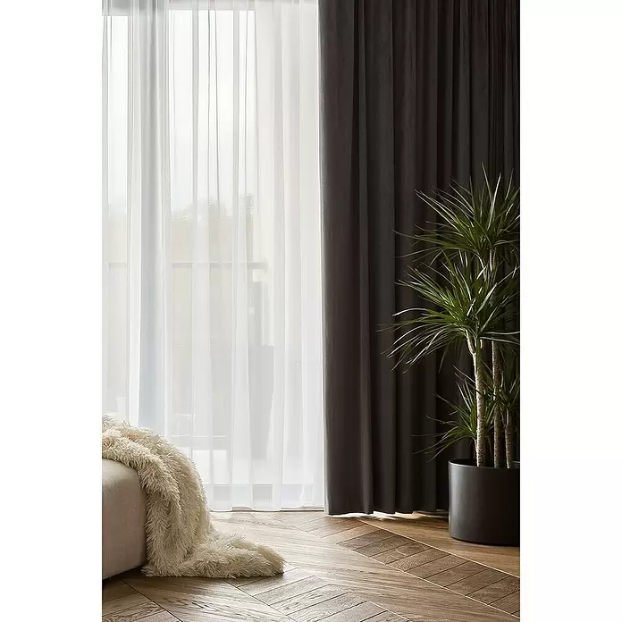 Cortina con ollaos Chenilla - An x Al: 140 x 260 cm, 96% poliéster 4% lino, Antracita - Foto ambiente