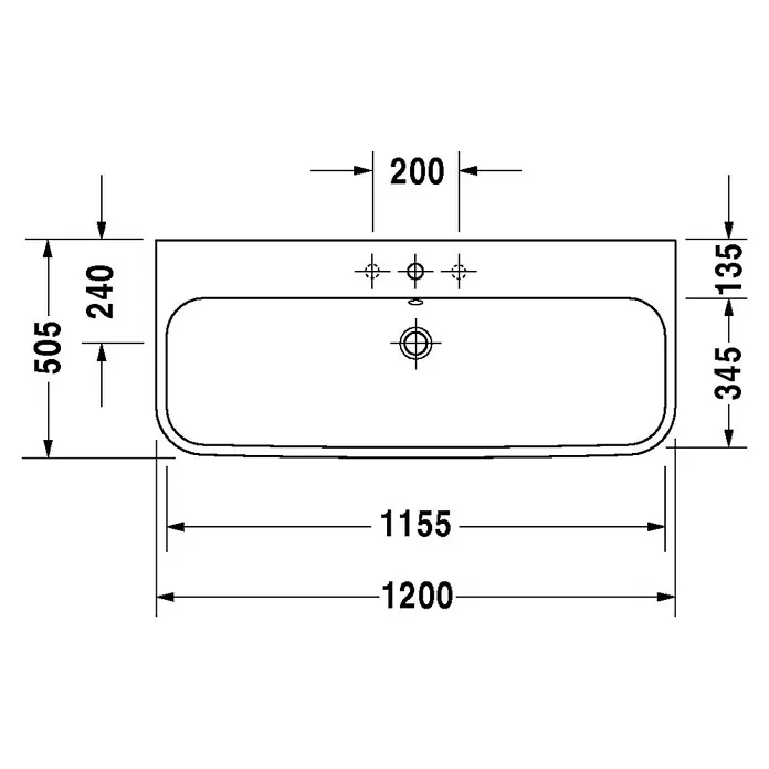 Duravit Happy D.2 Waschtisch Typ 2 - 120 x 50,5 cm, Ohne Spezialglasur, Mit Hahnloch, Mit Überlauf, Weiß - Skizze