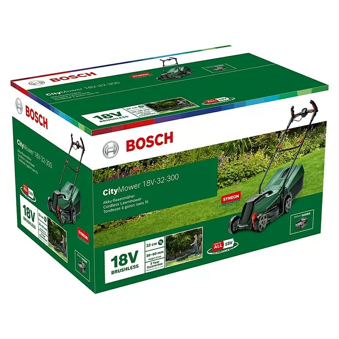 Bosch 18 V Power for All Cortacésped de batería CityMower 18V-32-300 - 18 V, 1 batería, 4 Ah, Ancho de corte: 32 cm - Vista angular