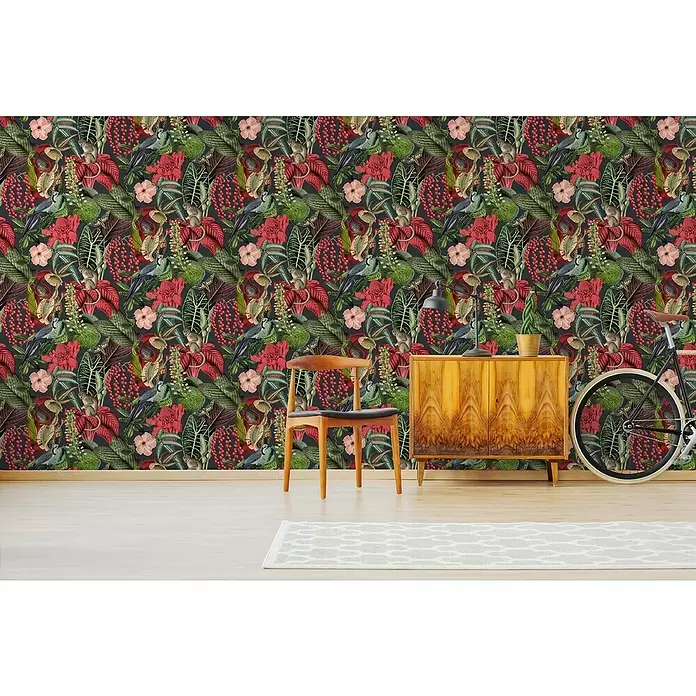 Dutch Wallcoverings Vliesbehang - Roze Groen Zwart, Gebloemd, 10 m x 53 cm - Sfeeropname