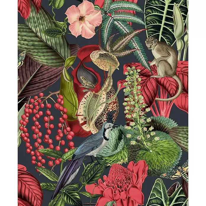 Dutch Wallcoverings Vliesbehang - Roze Groen Zwart, Gebloemd, 10 m x 53 cm - Close-up
