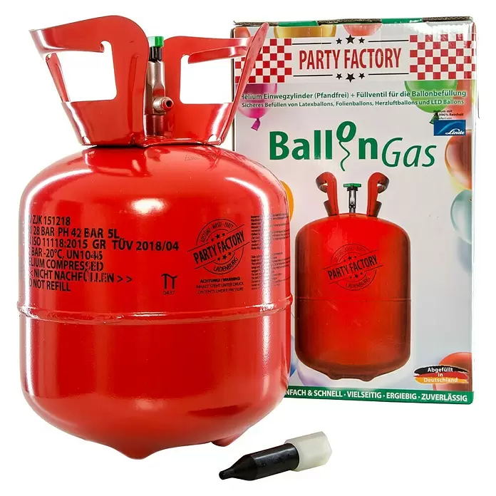 Party Factory Ballongas Helium inkl. 20 Ballons und 100 m Ballonschnur - 0,14 m³, Inhalt ausreichend für ca.: 20 Ballons - Diagonale Ansicht