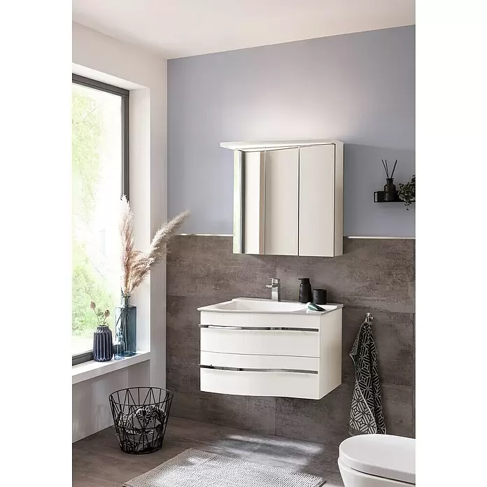 Camargue Lineo LED-Spiegelschrank - B x H: 70,4 x 70,2 cm, Mit Beleuchtung, Spanplatte, Weiß, Links - Stimmungsaufnahme