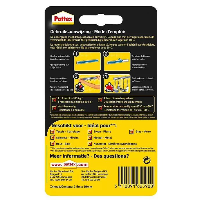 Pattex Geen spijkers & schroeven Dubbelzijdig tape - Temperatuurbestendig - Achteraanzicht