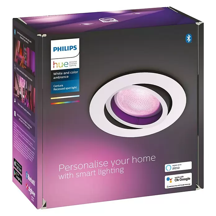 Philips Hue LED-Einbauspot Centura White & Color Ambiance - 5,7 W, RGBW, Durchmesser: 9 cm, Weiß - Diagonale Ansicht