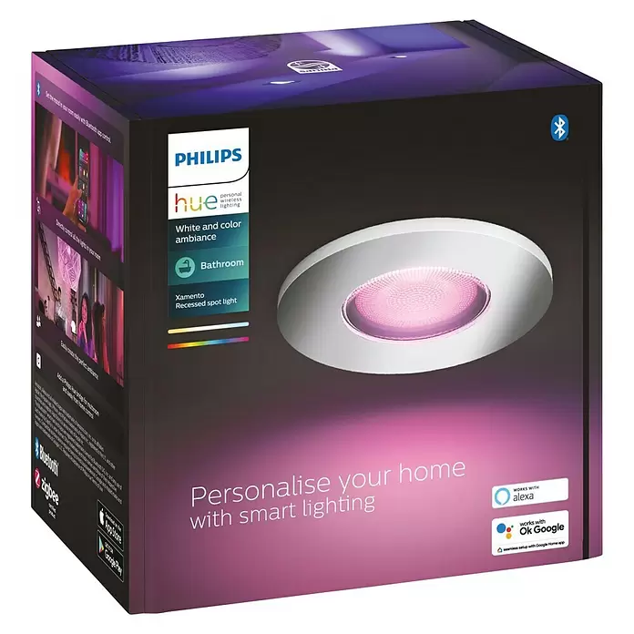 Philips Hue LED-Einbauleuchte rund  Xamento White & Color Ambiance - 5,5 W, Ø x H: 93 mm x 10 cm, Chrom, Transparent, RGBW, IP44 - Diagonale Ansicht