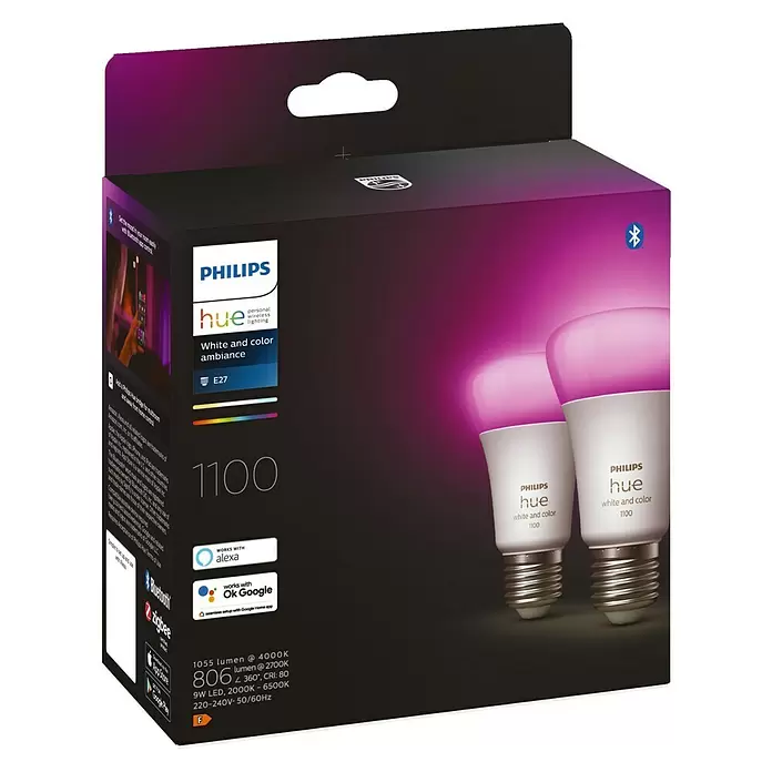 Philips Hue LED-Leuchtmittel White & Color - E27, 9 W, A60, 1.100 lm, 2 Stk. - Diagonale Ansicht