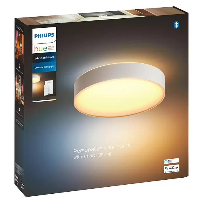 Philips Hue LED-Deckenleuchte Enrave - 19,2 W, L x B x H: 38,1 x 38,1 x 8,4 cm, Weiß - Diagonale Ansicht