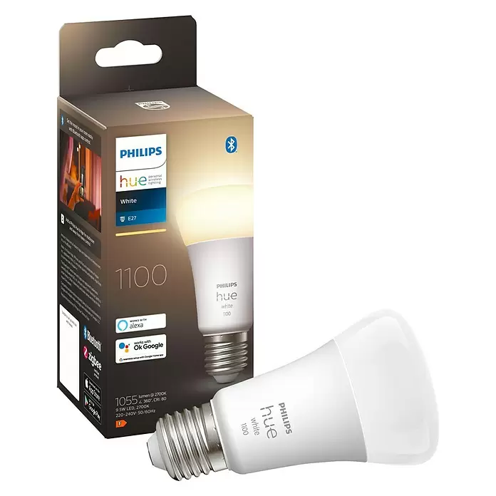 Philips Hue LED-Leuchtmittel White - E27, 9,5 W, 1.055 lm, Dimmbar, 1 Stk. - Diagonale Ansicht