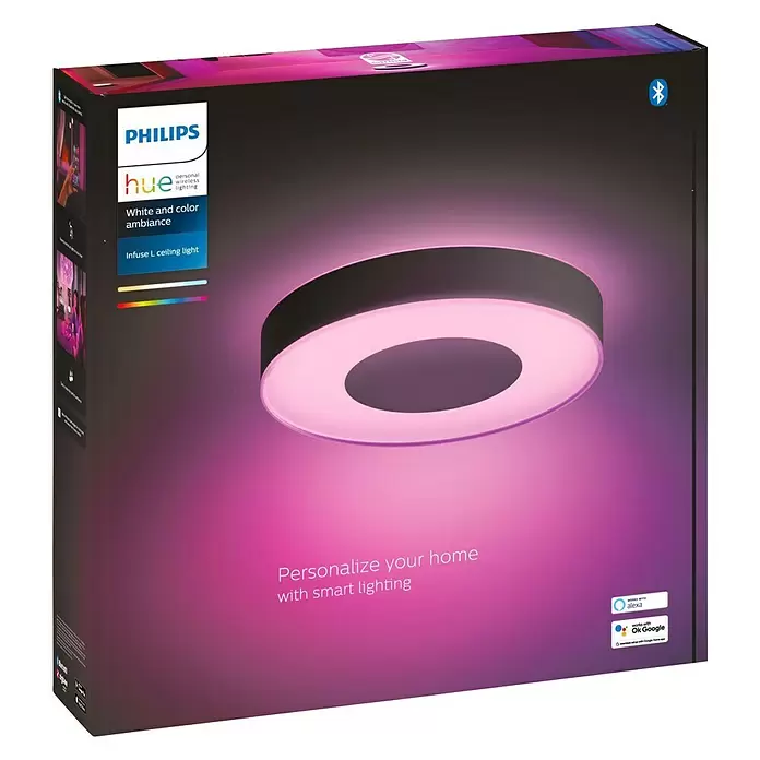 Philips Hue LED-Deckenleuchte rund Waca Infuse - Ø x H: 43 x 8,4 cm, Schwarz - Diagonale Ansicht