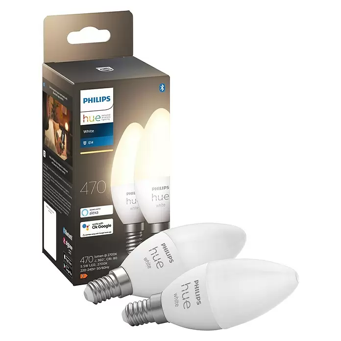 Philips Hue LED-Leuchtmittel White - E14, 5,5 W, Warmweiß, Kerzenform, 2 Stk. - Diagonale Ansicht
