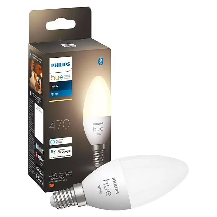 Philips Hue LED-Leuchtmittel White - E14, 5,5 W, Warmweiß, Kerzenform, 1 Stk. - Diagonale Ansicht