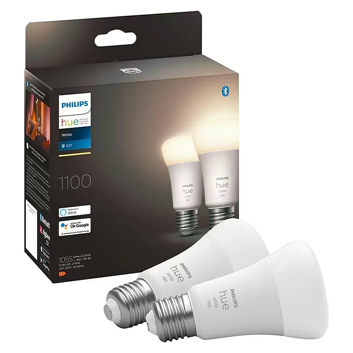 Philips Hue LED-Leuchtmittel White - E27, 9,5 W, 1.055 lm, Dimmbar, 2 Stk. - Diagonale Ansicht