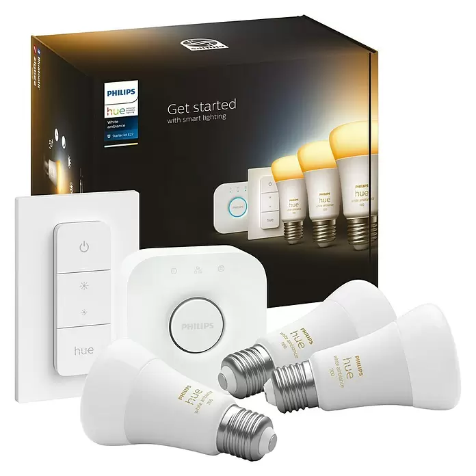 Philips Hue Starter-Set White Ambiance - E27, Einstellbare Farbtemperatur, Dimmbar - Diagonale Ansicht