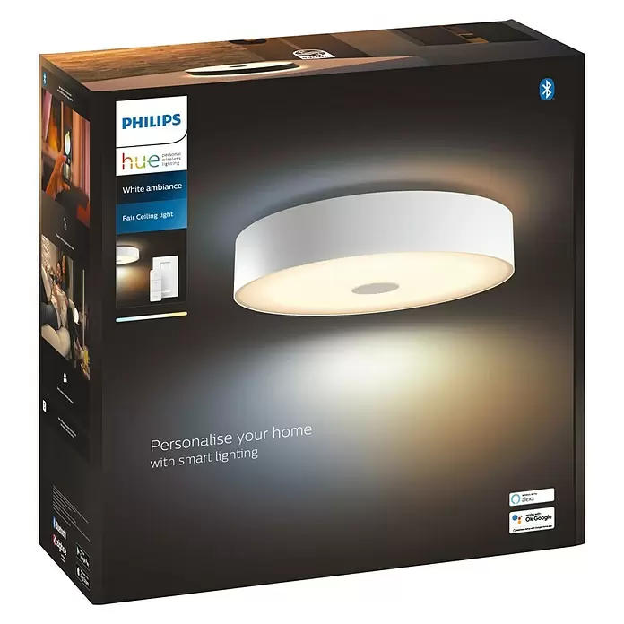 Philips Hue LED-Deckenleuchte rund - 33 W, Ø x H: 44,4 x 9,8 cm, Weiß, Warmweiß - Diagonale Ansicht