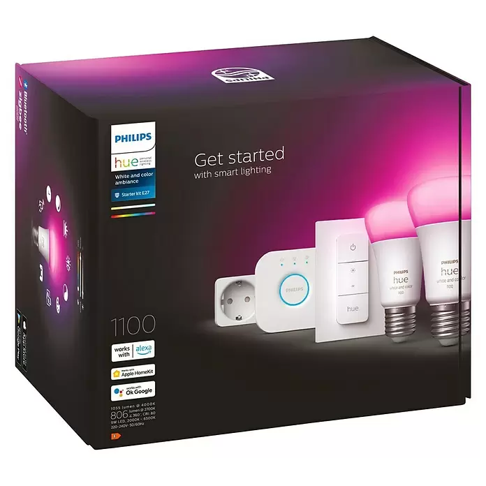 Philips Hue Starter-Set White & Color Ambiance - E27, RGBW, Dimmbar - Diagonale Ansicht
