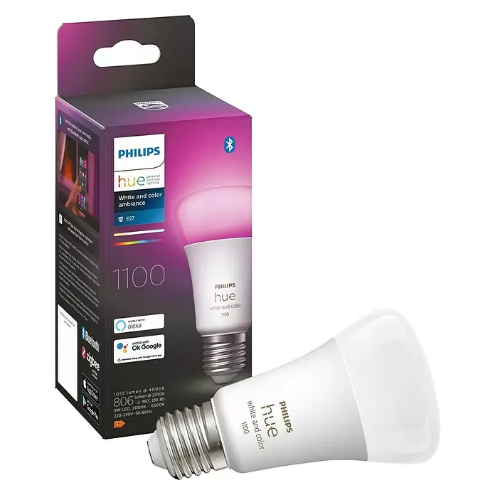 Philips Hue LED-Leuchtmittel White & Color Ambiance - E27, 9 W, A60, 1.100 lm, 1 Stk. - Diagonale Ansicht