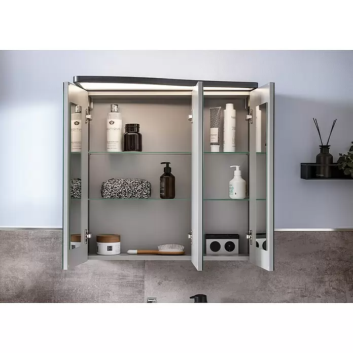 Camargue Lineo LED-Spiegelschrank - B x H: 70,4 x 70,2 cm, Mit Beleuchtung, Spanplatte, Eiche Maron, Links - Stimmungsaufnahme