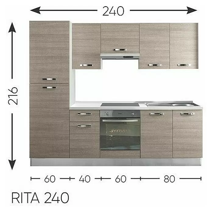 Kuhinjski komplet Rita - Širina: 240 cm, S električnim uređajima, Imitacija sive hrastovine - Skica