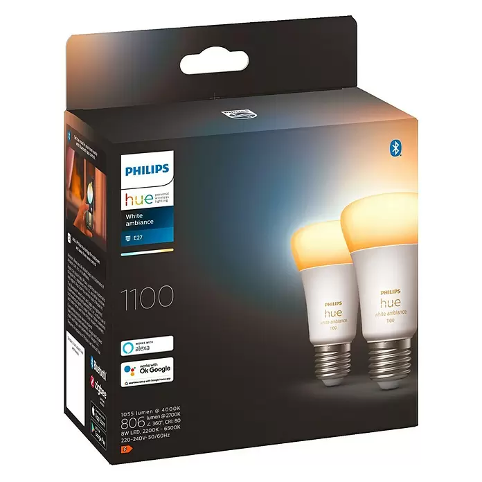 Philips Hue LED-Leuchtmittel White Ambiance - E27, 8 W, A60, 1.100 lm, 2 Stk. - Diagonale Ansicht