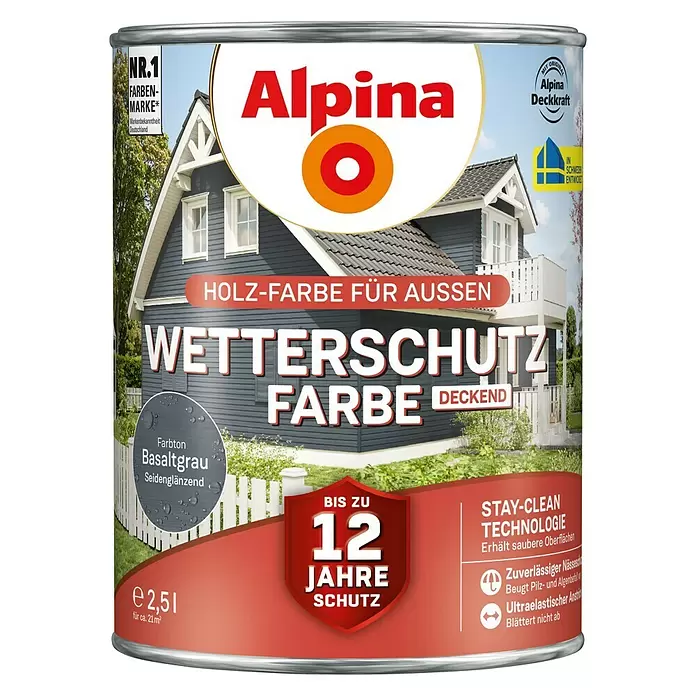 Alpina Wetterschutzfarbe deckend Holz-Farbe für Außen - Basaltgrau, Seidenglänzend, 2,5 l - Vorderansicht