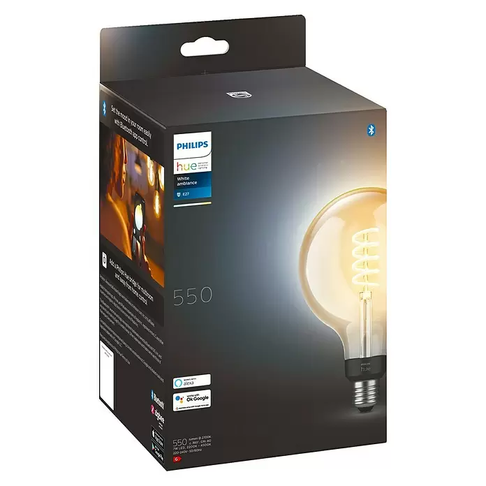 Philips Hue LED-Leuchtmittel White Ambiance Filament - E27, 7 W, G125, 550 lm, 1 Stk. - Diagonale Ansicht