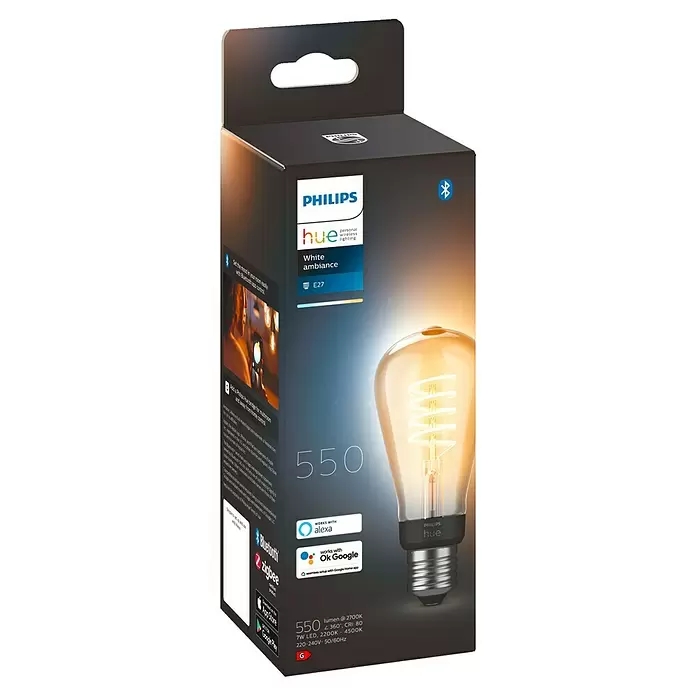 Philips Hue LED-Leuchtmittel White Ambiance Filament - E27, 7 W, ST64, 550 lm, 1 Stk. - Diagonale Ansicht