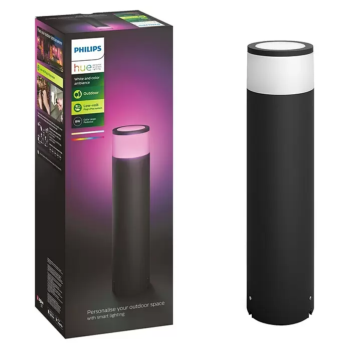 Philips Hue LED-Sockelleuchte Calla White & Color Ambiance - 8 W, Schwarz, Ø x H: 10,4 x 40 cm - Diagonale Ansicht