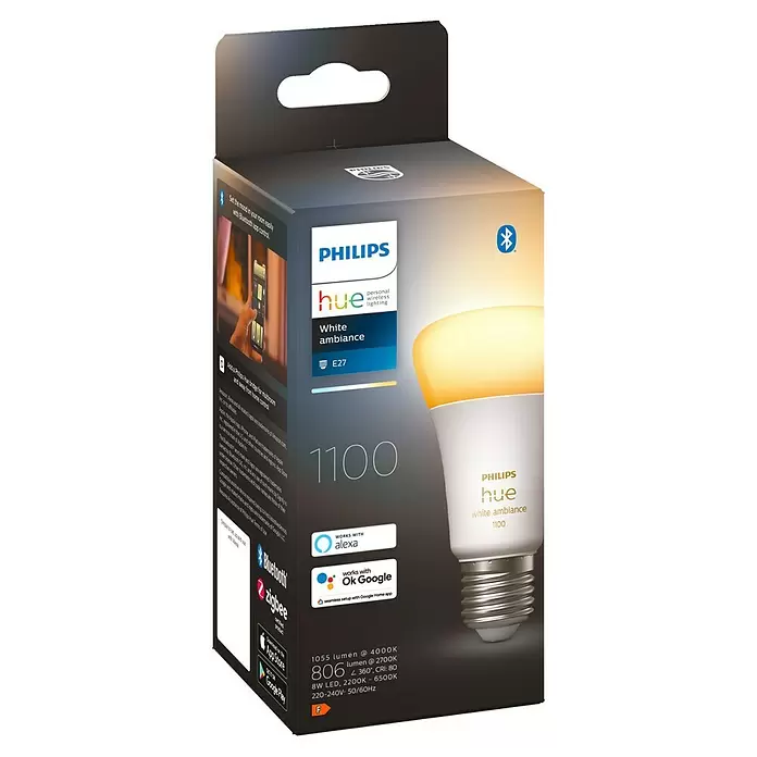 Philips Hue LED-Leuchtmittel White Ambiance - E27, 8 W, A60, 1.100 lm, 1 Stk. - Diagonale Ansicht