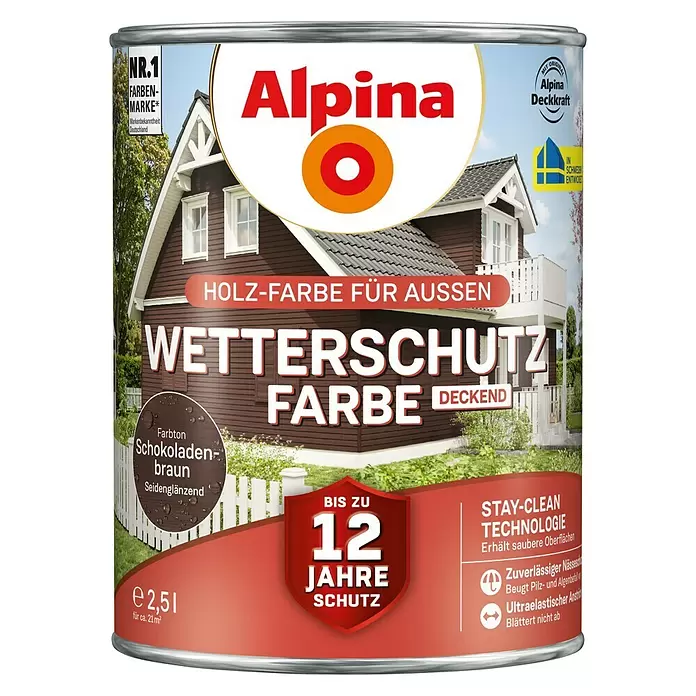 Alpina Wetterschutzfarbe deckend Holz-Farbe für Außen - Schokobraun, Seidenglänzend, 2,5 l - Vorderansicht