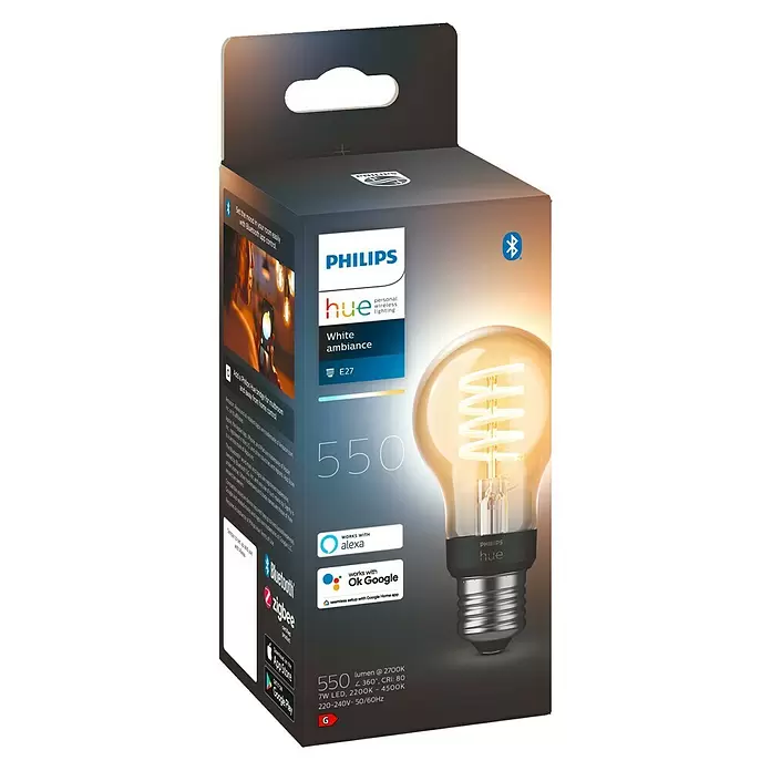 Philips Hue Bombilla LED White Ambiance Filament - E27, 7 W, A60, 550 lm, 1 ud. - Vista angular