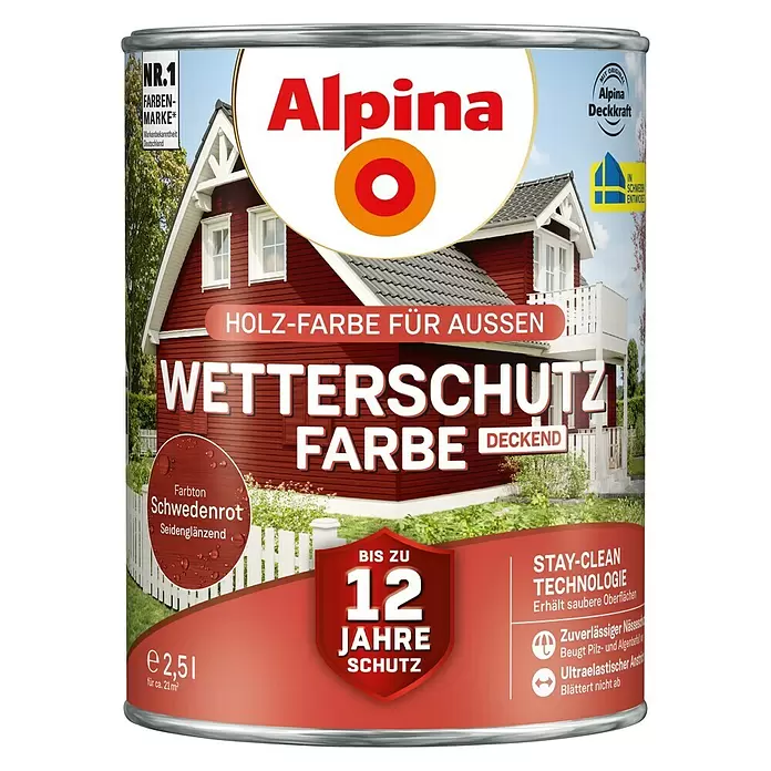 Alpina Wetterschutzfarbe deckend Holz-Farbe für Außen - Schwedenrot, Seidenglänzend, 2,5 l - Vorderansicht