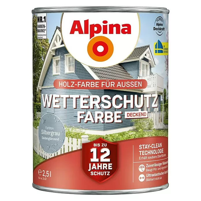 Alpina Wetterschutzfarbe deckend Holz-Farbe für Außen - Silbergrau, Seidenglänzend, 2,5 l - Vorderansicht