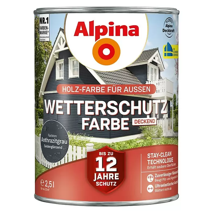 Alpina Wetterschutzfarbe deckend Holz-Farbe für Außen - Anthrazitgrau, Seidenglänzend, 2,5 l - Vorderansicht