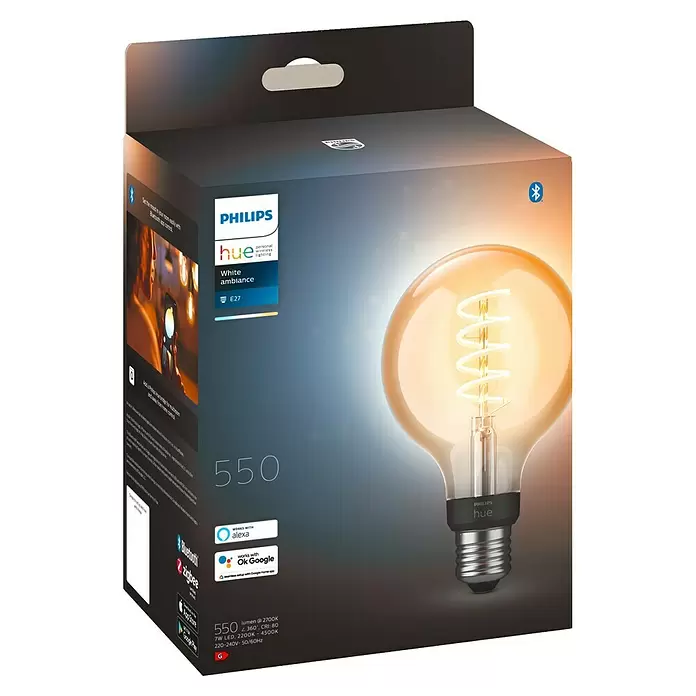 Philips Hue Bombilla LED White Ambiance Filament - E27, 7 W, G93, 550 lm, 1 ud. - Vista angular