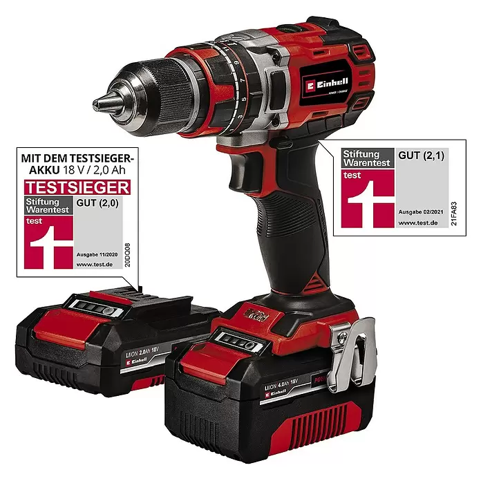 Einhell Power X-Change Akku-Schlagbohrschrauber TE-CD 18/50 Li-i BL - 18 V, 2 Akkus, 2 Ah - 4 Ah, Leerlaufdrehzahl: 0 U/min - 1.800 U/min - Diagonale Ansicht